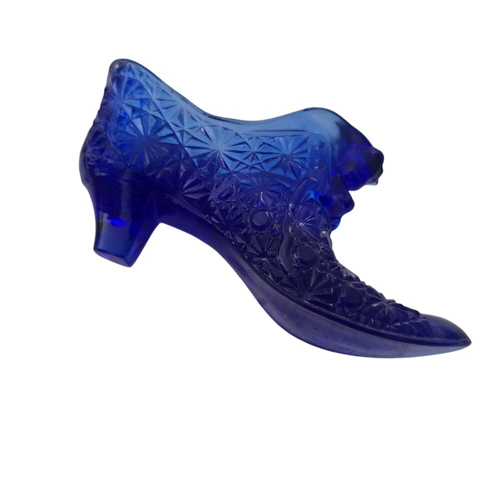Rare Vintage Fenton Button & Daisy Cobalt Blue Cat Head Glass Shoe 5.5”